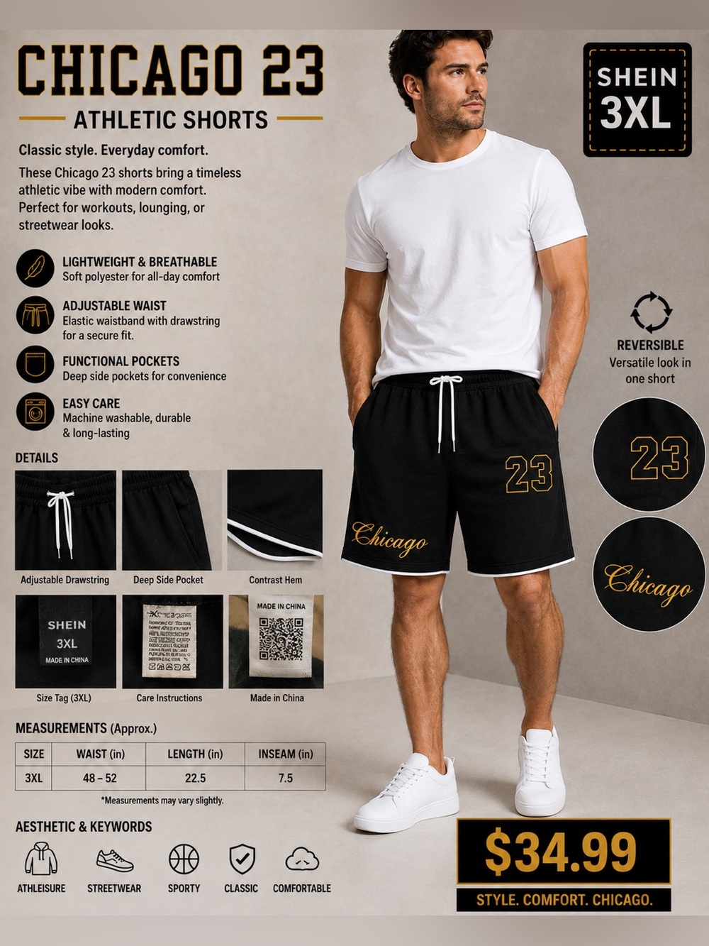 SHEIN Black Athletic Shorts with White Drawstring & Yellow Accents